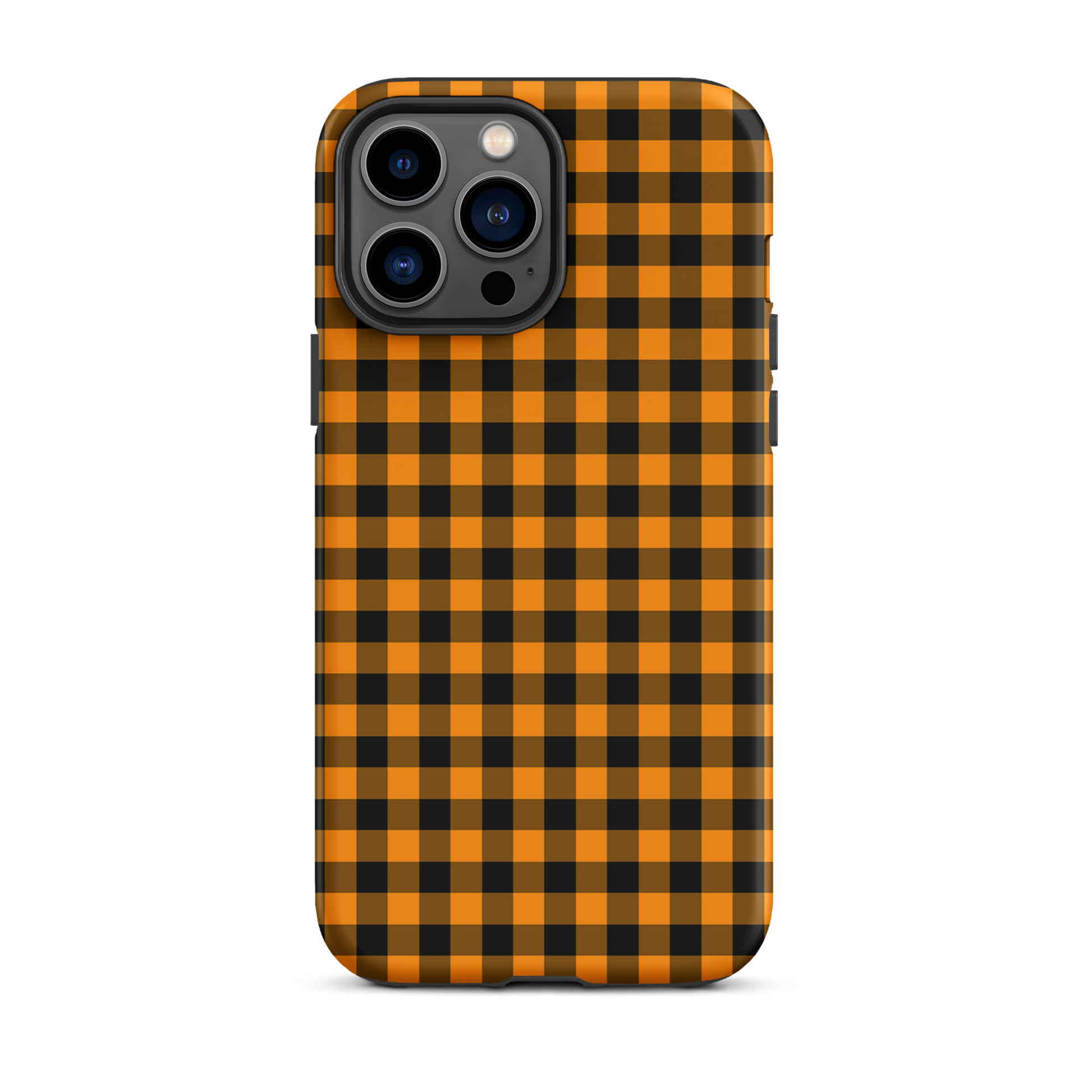 Phone case with black-and-orange gingham pattern, perfect for iPhone. Autumn theme accessory providing style and durability.