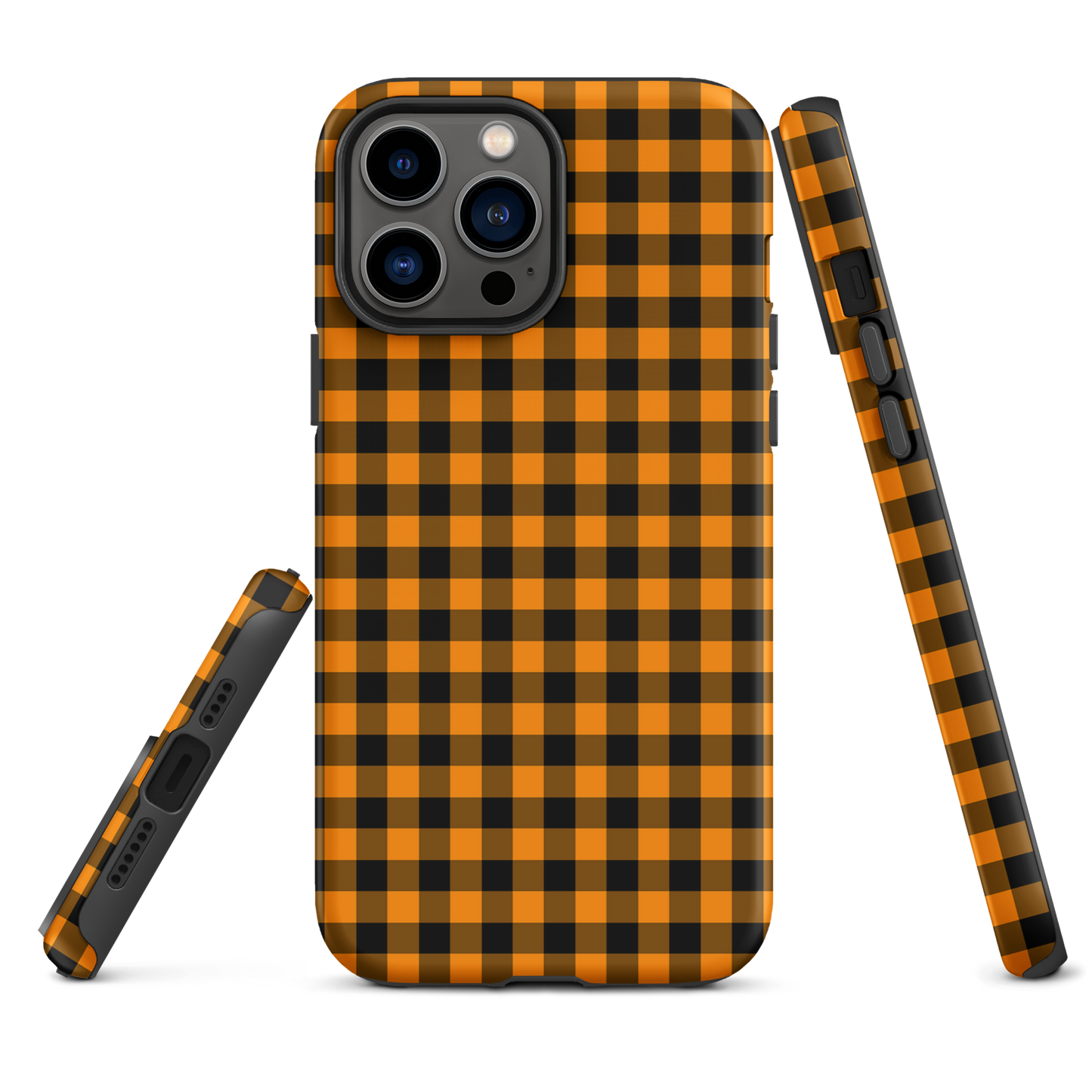 phone case with black-and-orange gingham autumn theme for iPhone