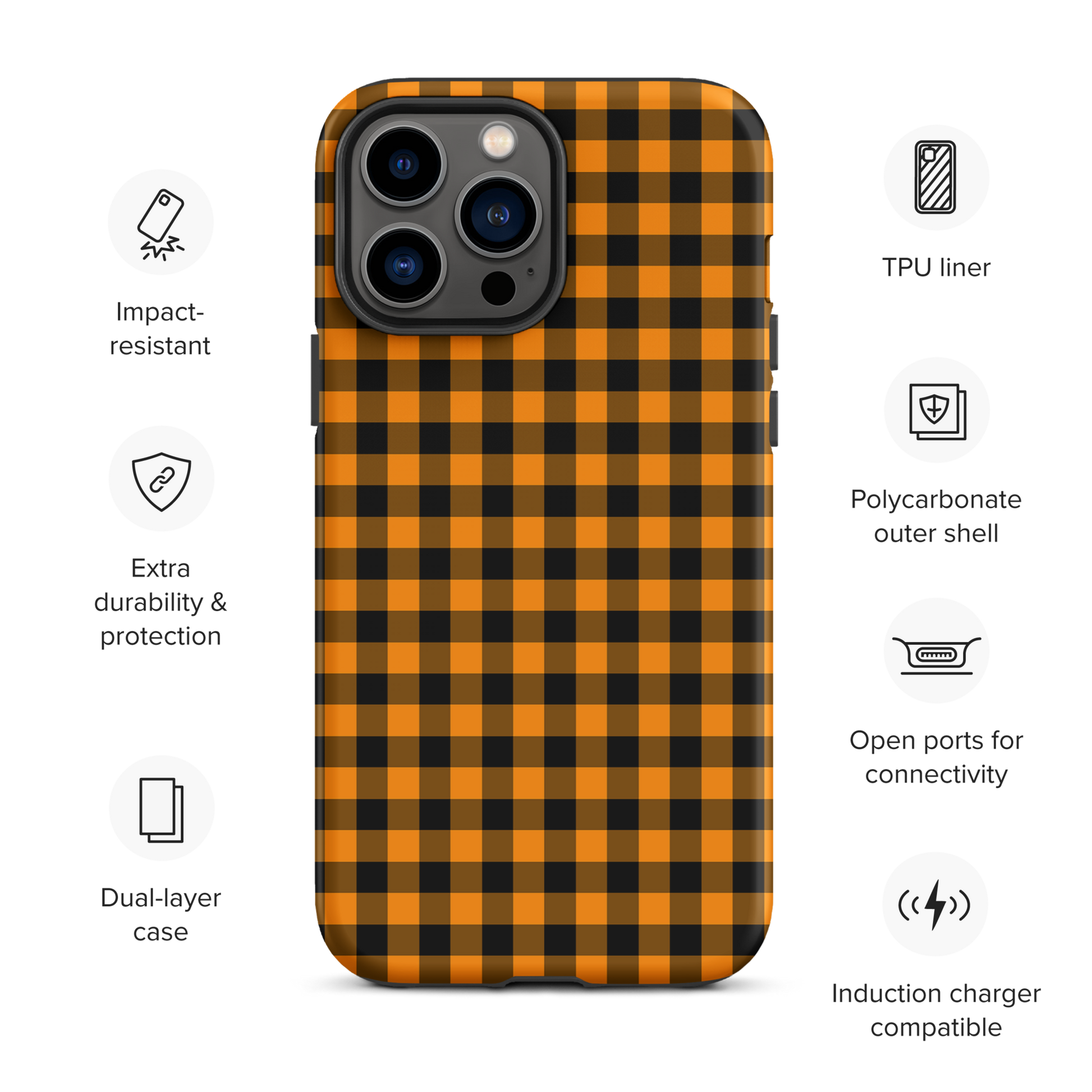 Black-and-orange gingham phone case for iPhone with autumn theme, showcasing durability and style.