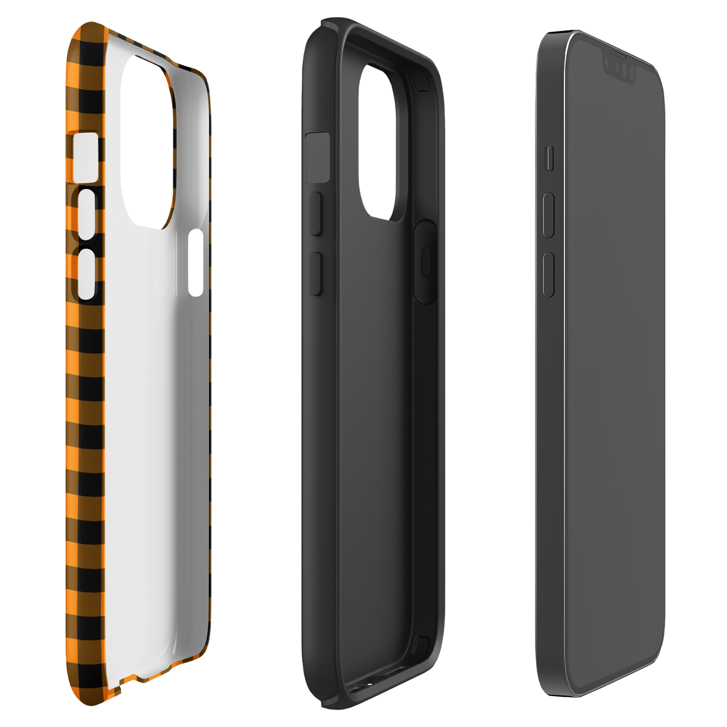Black-and-orange gingham phone case for iPhone with autumn theme, showcasing stylish and durable design.