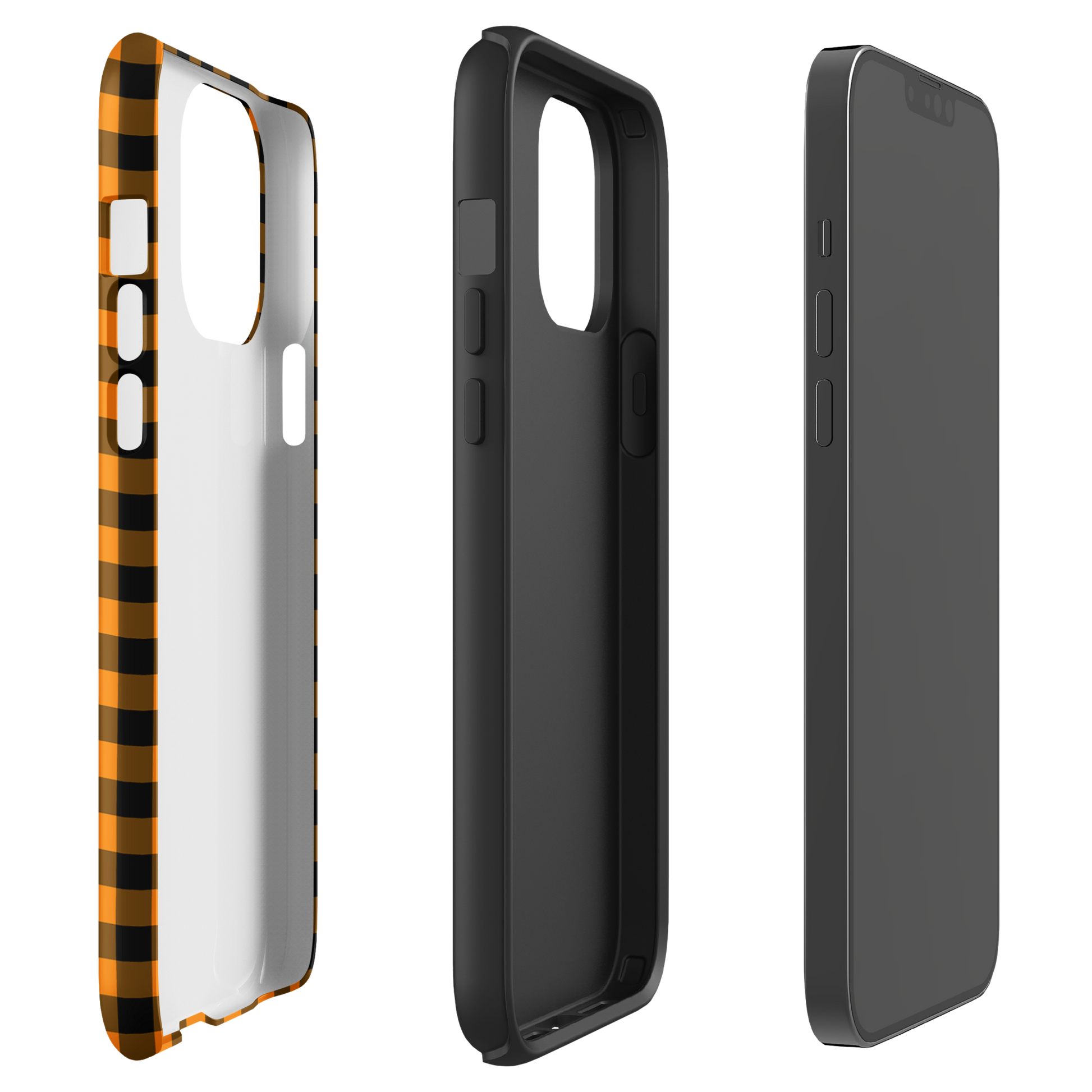 Black-and-orange gingham phone case for iPhone with autumn theme, showcasing stylish and durable design.