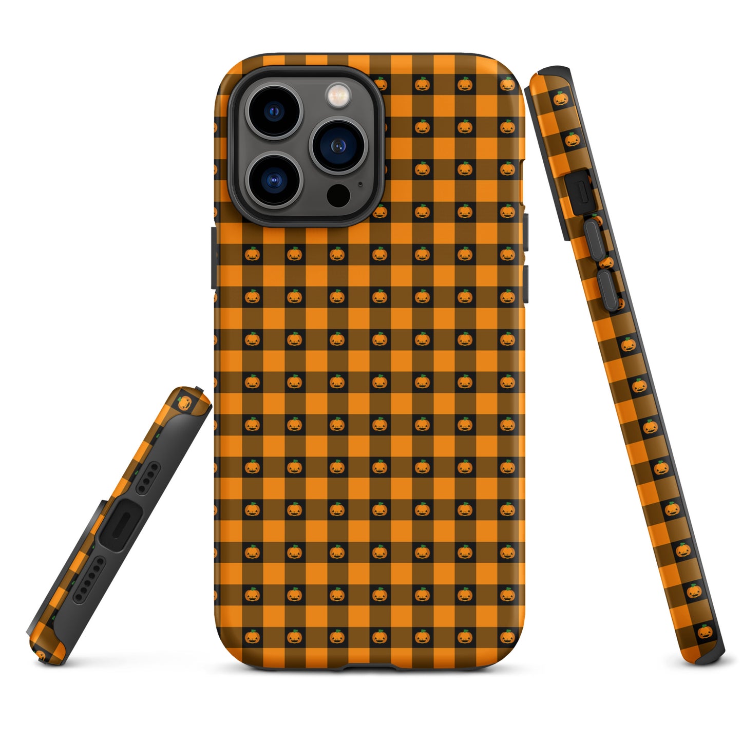 Phone Case for iPhone with playful pumpkin gingham Halloween design, featuring cute jack-o’-lantern faces on a festive accessory.