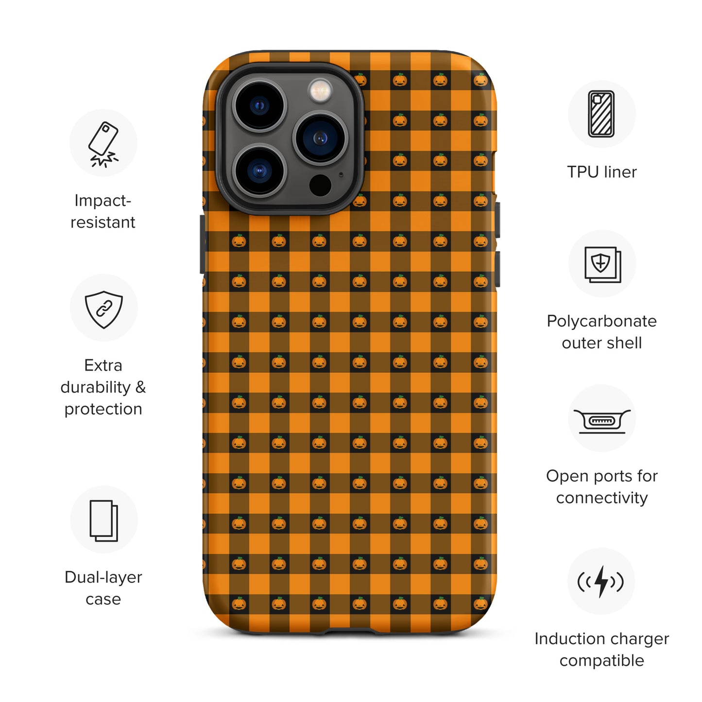Phone Case for iPhone with Playful Pumpkin Gingham Halloween design, featuring jack-o’-lanterns on a bold gingham pattern, impact-resistant.