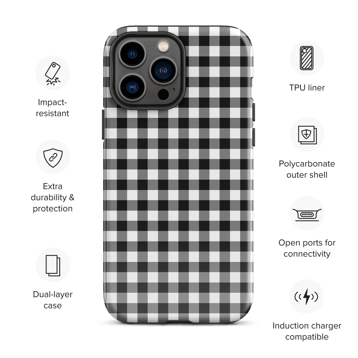 Phone Case with black and white gingham pattern for iPhone, featuring impact resistance, dual-layer protection, and open ports.