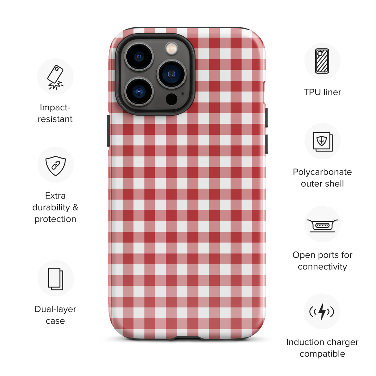 Phone Case with red-and-white gingham pattern for iPhone, offering stylish design and durability with TPU liner and polycarbonate outer shell.