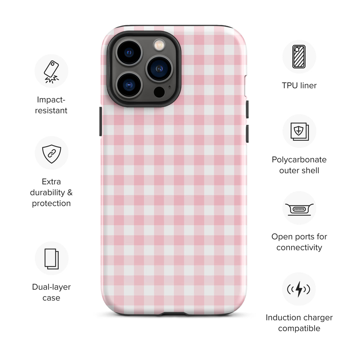 Pink and white gingham Phone Case for iPhone with impact-resistant TPU liner, polycarbonate shell, and open ports for connectivity.