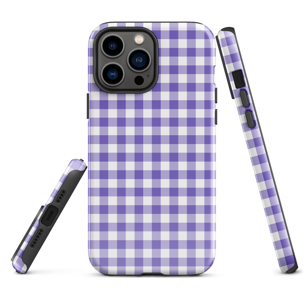 Phone Case with purple and white gingham pattern for iPhone, offering stylish protection and luxury appeal.