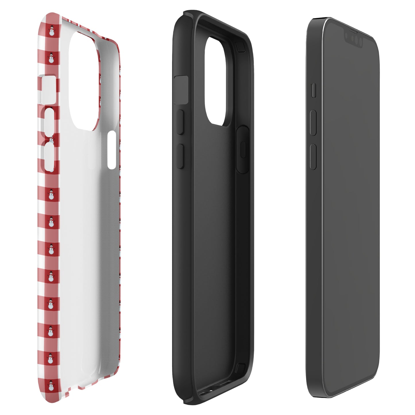 Phone Case for iPhone with red-and-white gingham snowman design, showcasing protective layers and holiday charm.