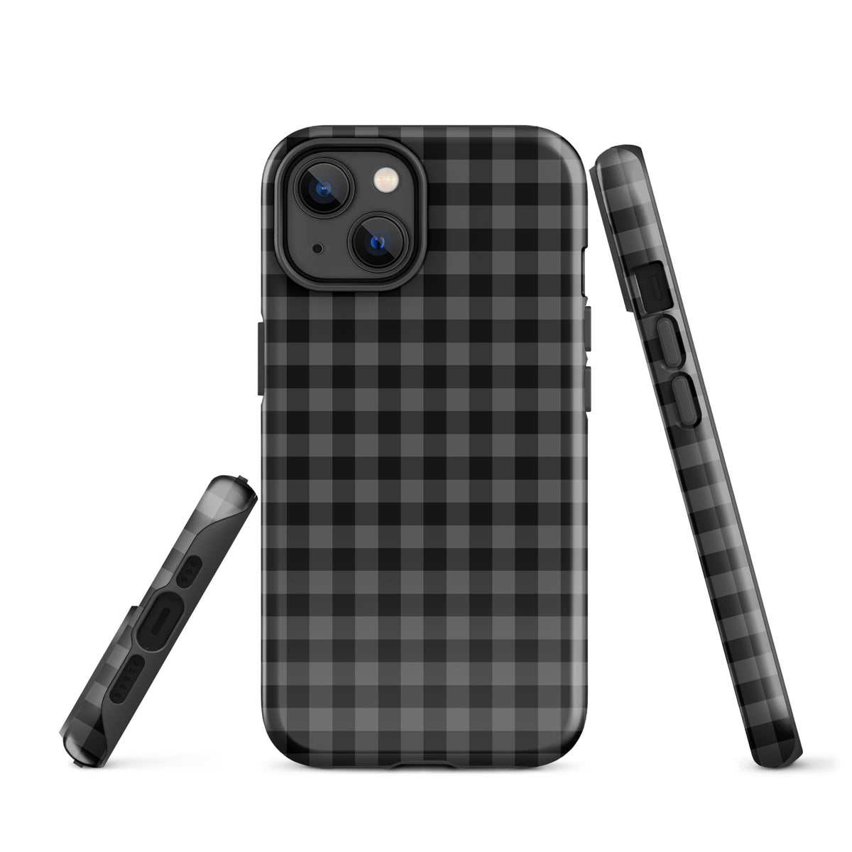 Phone Case with black and charcoal gingham pattern, modern style for iPhone, offering stylish protection and luxury craftsmanship.