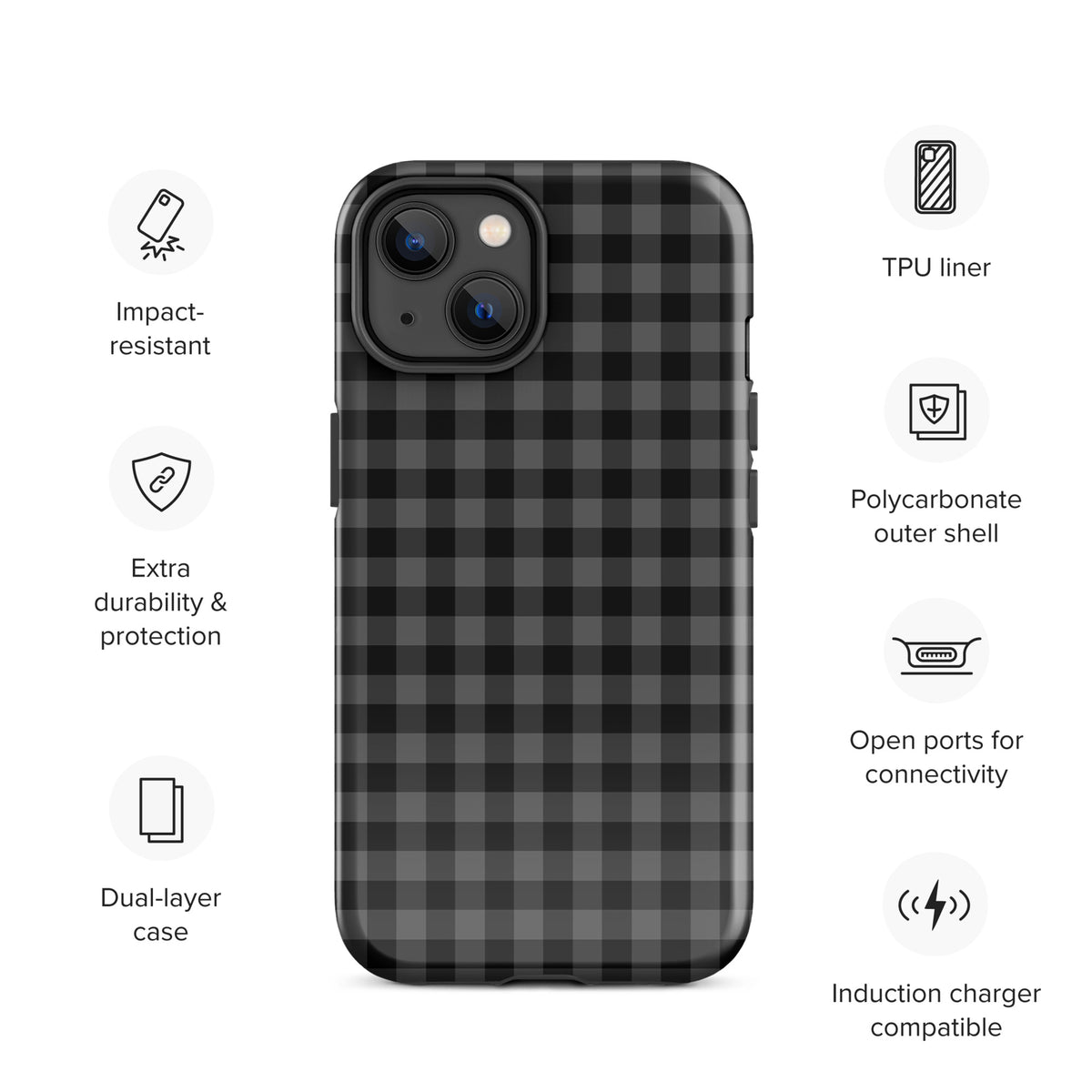 Phone Case with black and charcoal gingham pattern for iPhone, offering impact resistance and dual-layer protection.