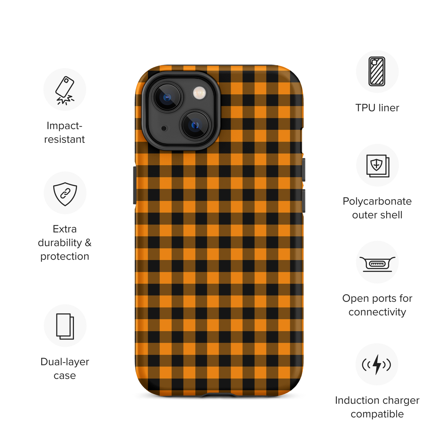 Phone case for iPhone with black-and-orange gingham autumn theme pattern, showcasing durability and style, surrounded by feature icons.