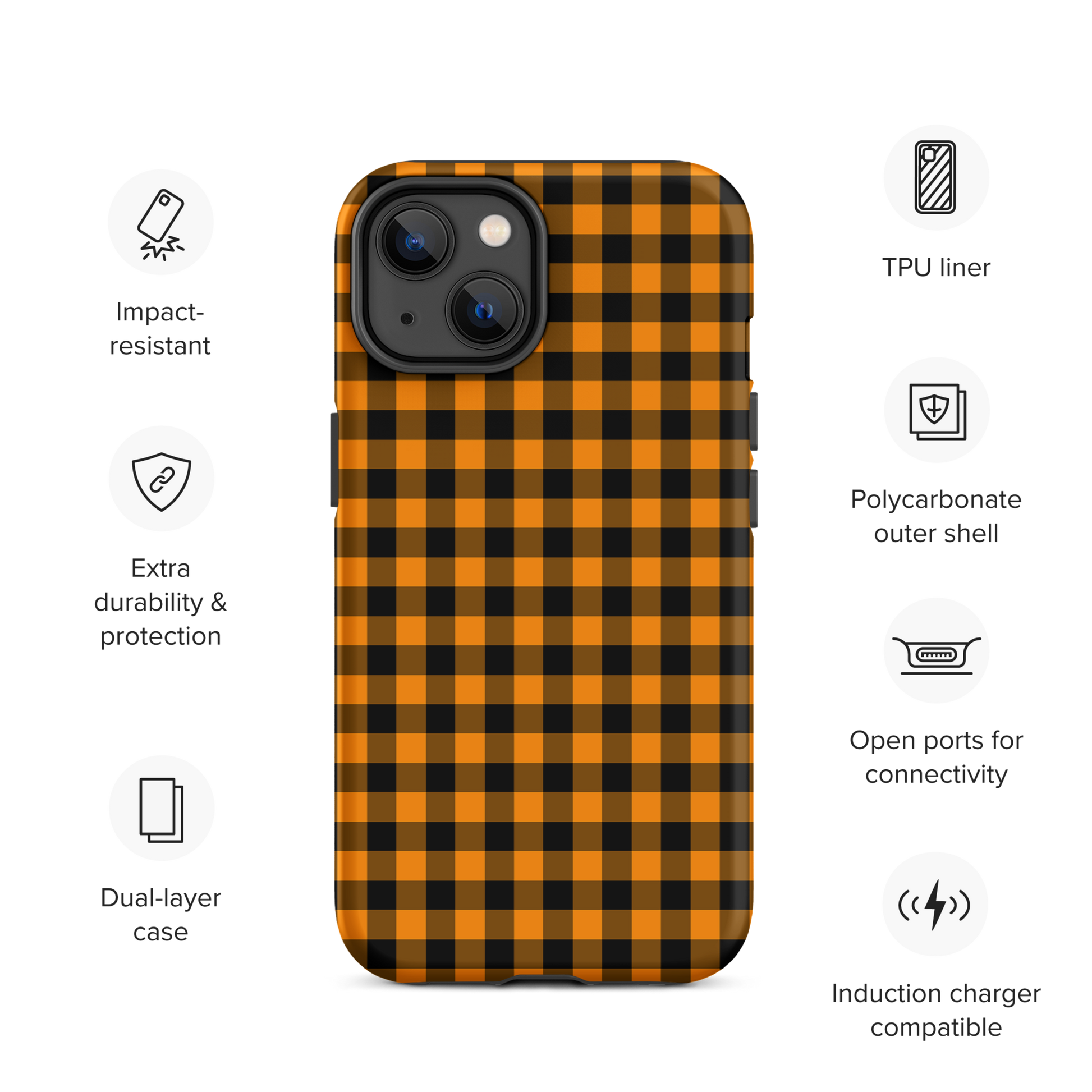 Phone case for iPhone with black-and-orange gingham autumn theme pattern, showcasing durability and style, surrounded by feature icons.