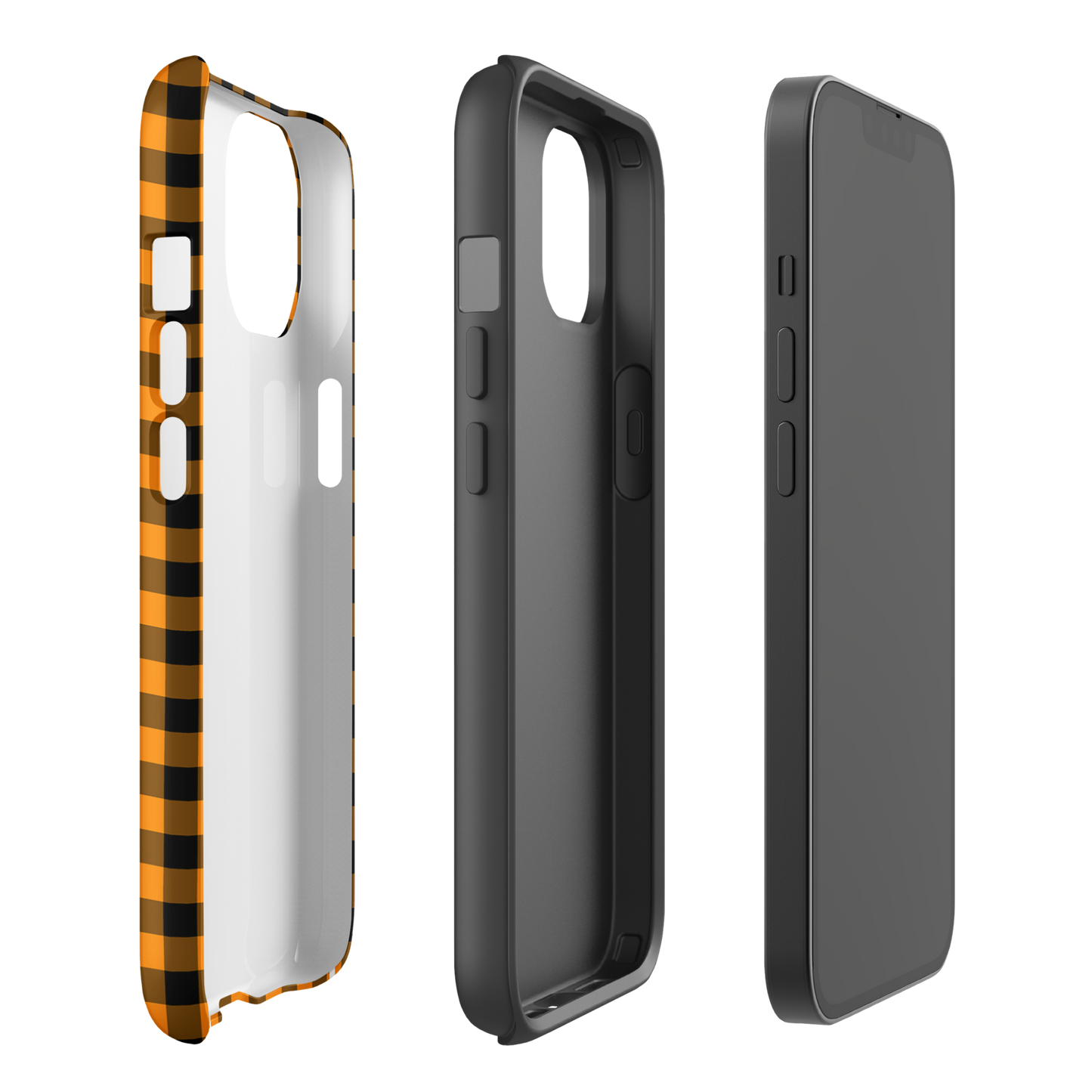 Black-and-orange gingham phone case for iPhone with autumn theme, showcasing durable and stylish design.