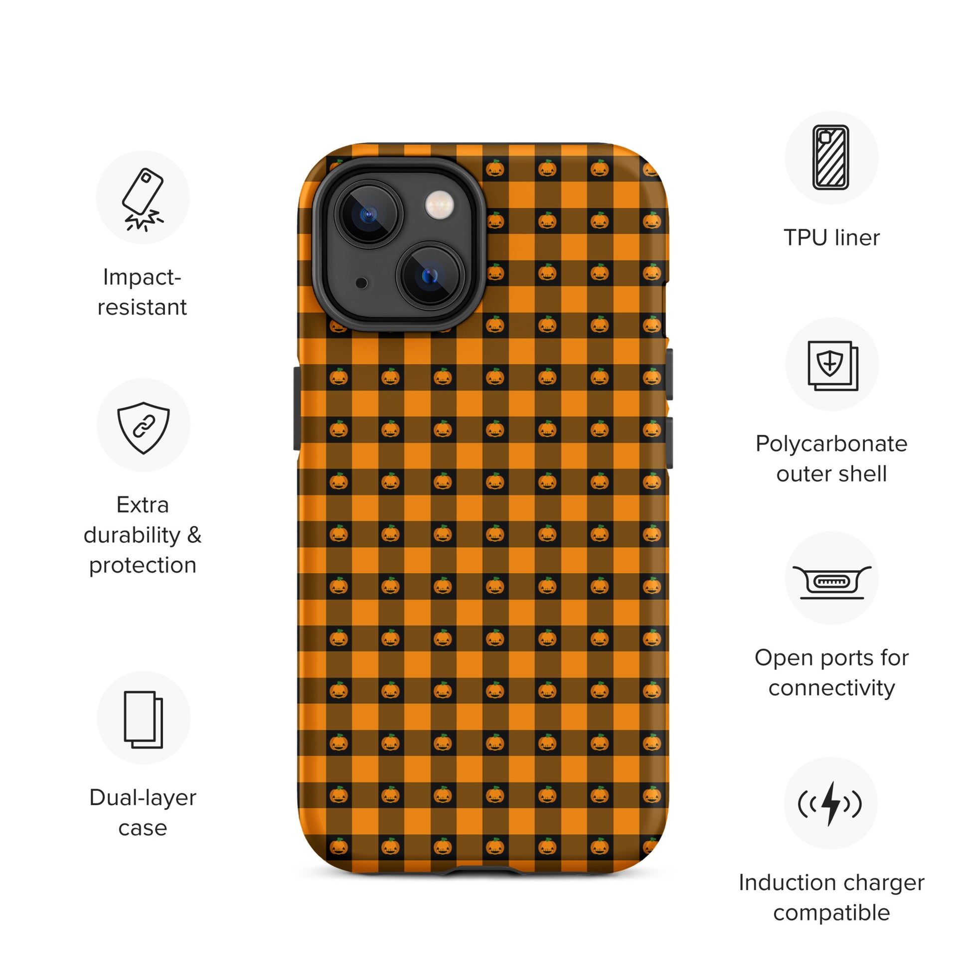 Phone Case for iPhone with playful pumpkin gingham Halloween design, featuring bold pattern and jack-o’-lantern faces for festive charm.