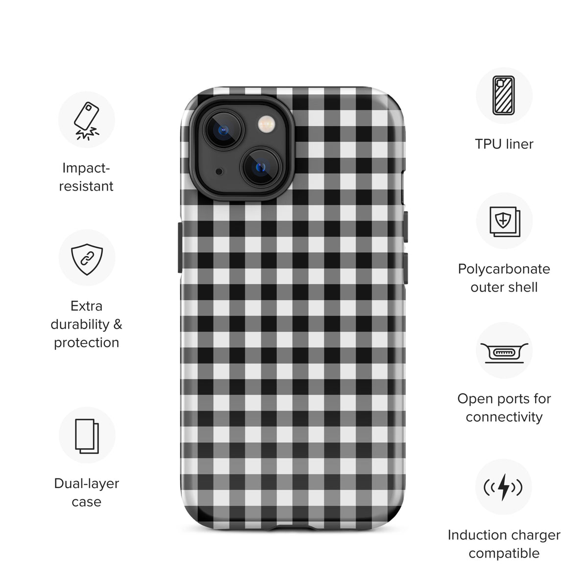 Phone Case for iPhone with black-and-white gingham pattern, featuring impact resistance and dual-layer protection.
