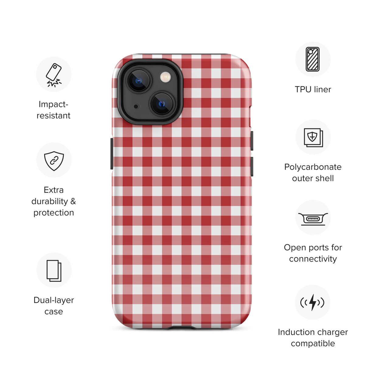 Phone Case with red-and-white gingham pattern for iPhone, featuring impact-resistant TPU liner and polycarbonate shell for durability.