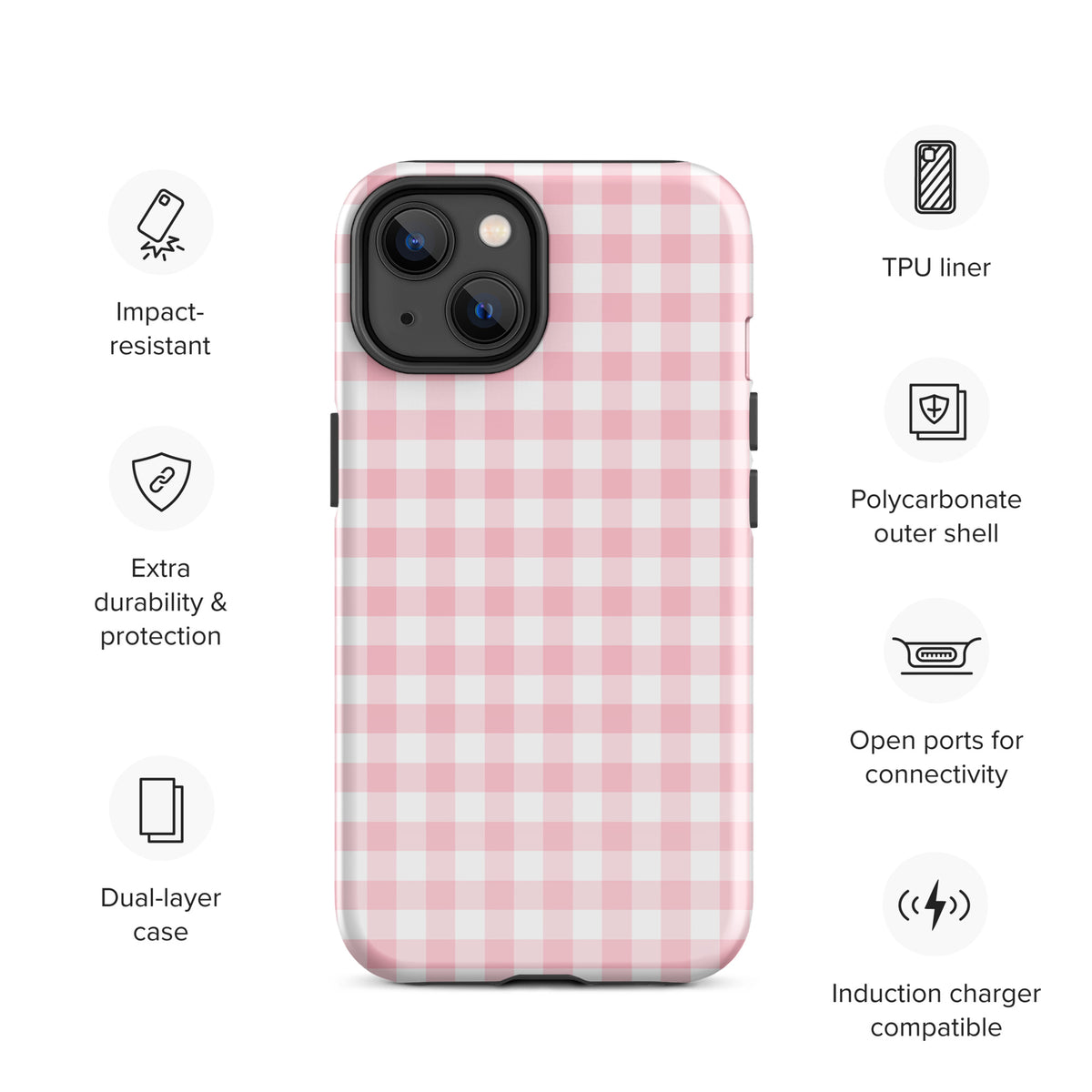 Phone Case with pink and white gingham pattern for iPhone, offering style and protection with impact resistance and durability features.