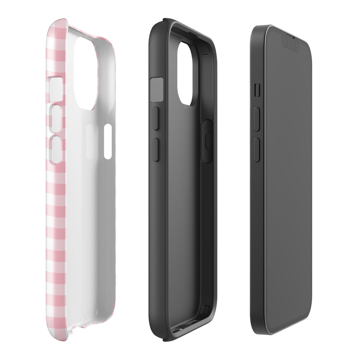 Phone Case with pink and white gingham pattern for iPhone, showcasing stylish design and durable protection, three-quarter view.