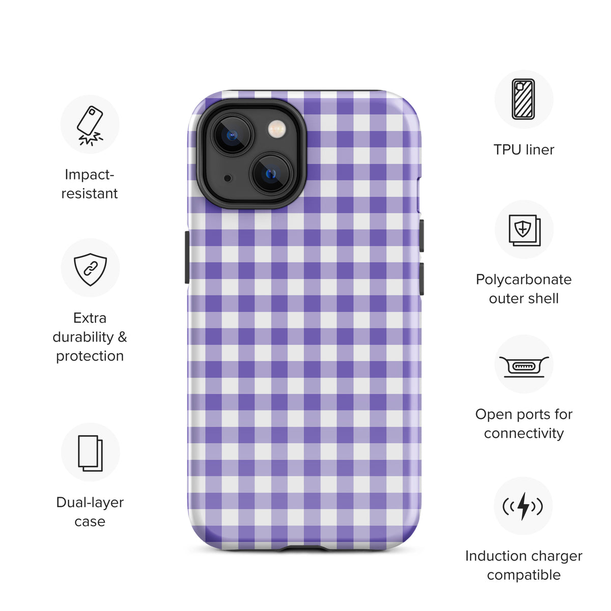 Phone Case for iPhone with purple and white gingham pattern, offering impact resistance and dual-layer protection.