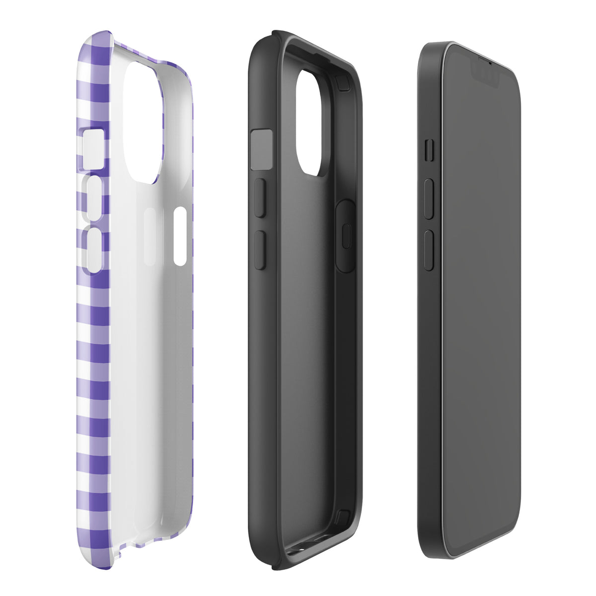 Phone Case with purple and white gingham pattern for iPhone, stylish design, and strong protection.