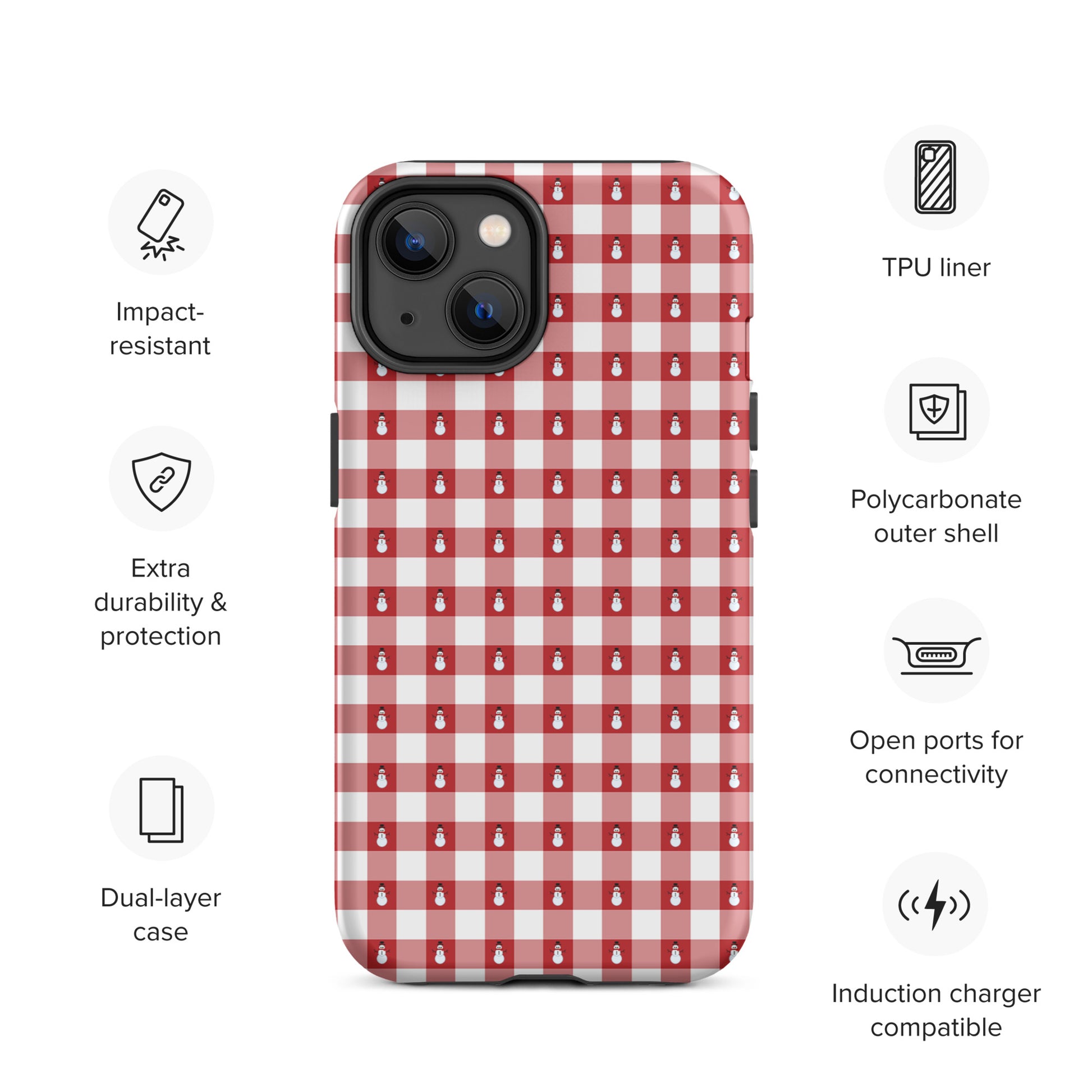 Phone Case for iPhone with red-and-white gingham snowman design, impact-resistant, polycarbonate shell, extra durability, compatible with induction charger.