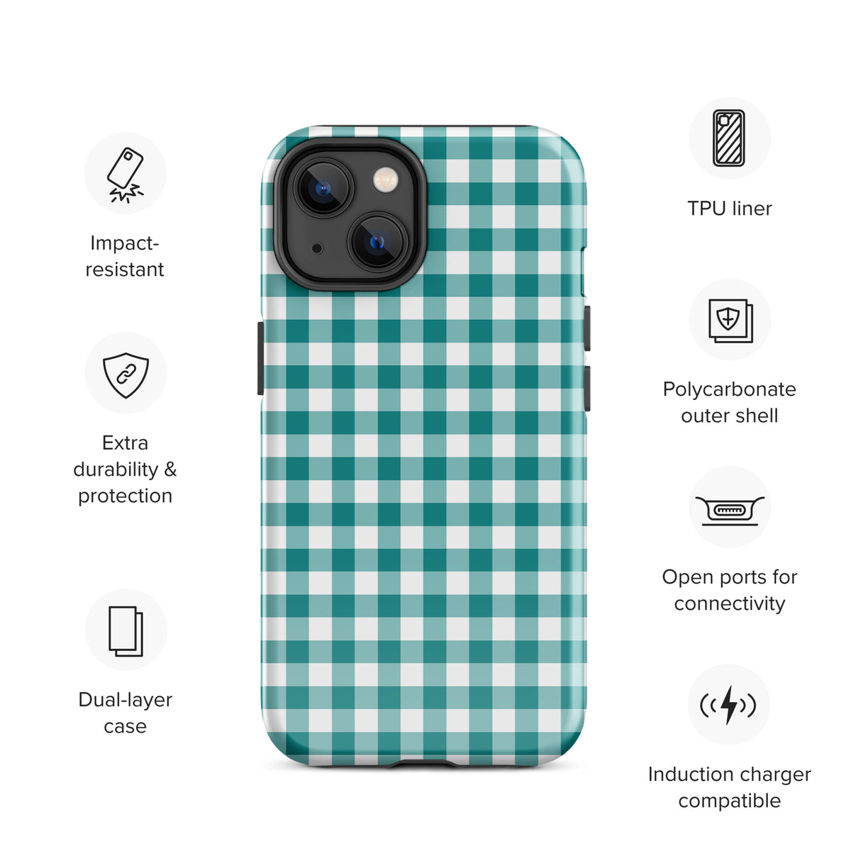 Phone Case with teal and white gingham pattern for iPhone, featuring impact resistance and polycarbonate shell durability.