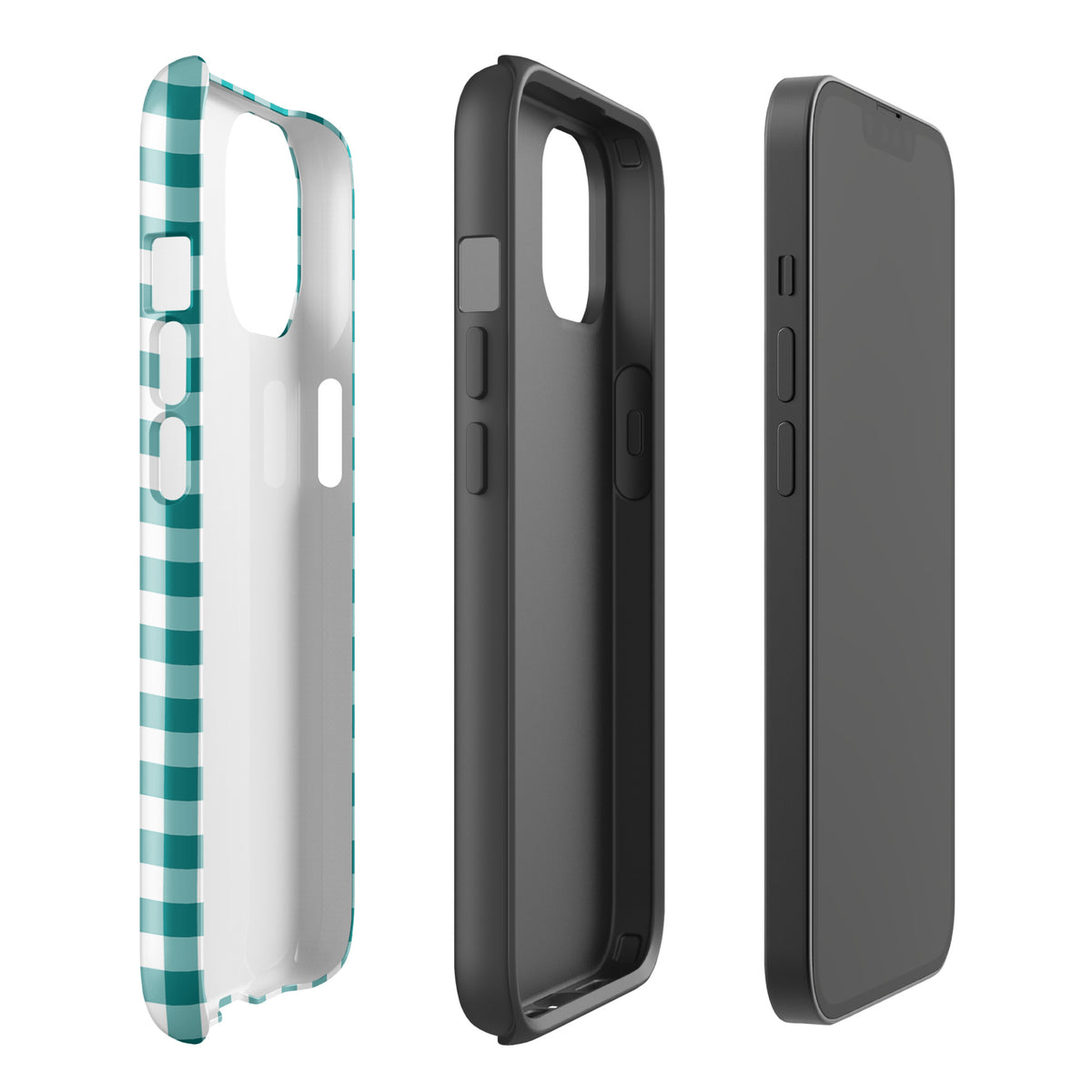 Phone Case for iPhone with teal and white gingham pattern showcasing elegant protection in three views