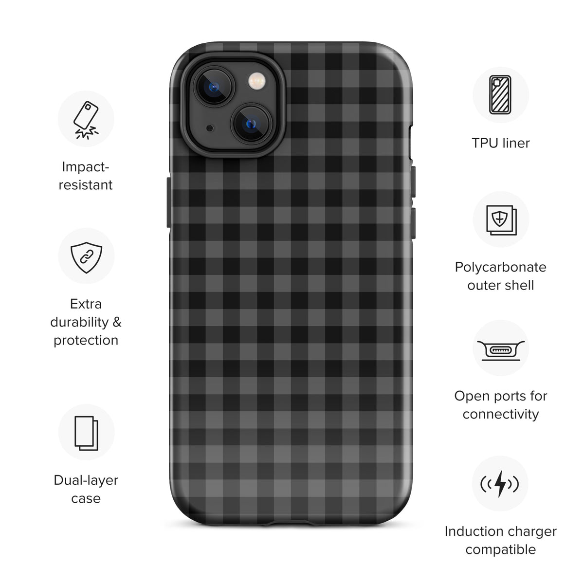 Phone Case for iPhone with black and charcoal gingham pattern, stylish and durable, showcasing modern style and protection.