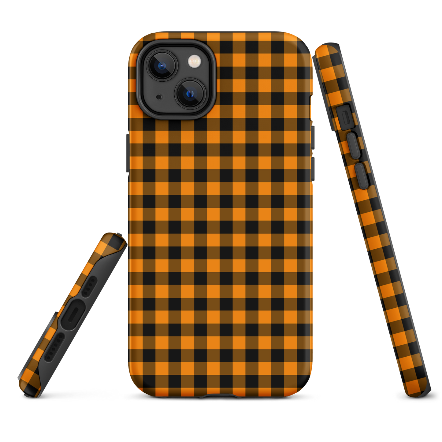Phone case with black-and-orange gingham pattern, Autumn theme, designed for iPhone, showcasing stylish and durable luxury.