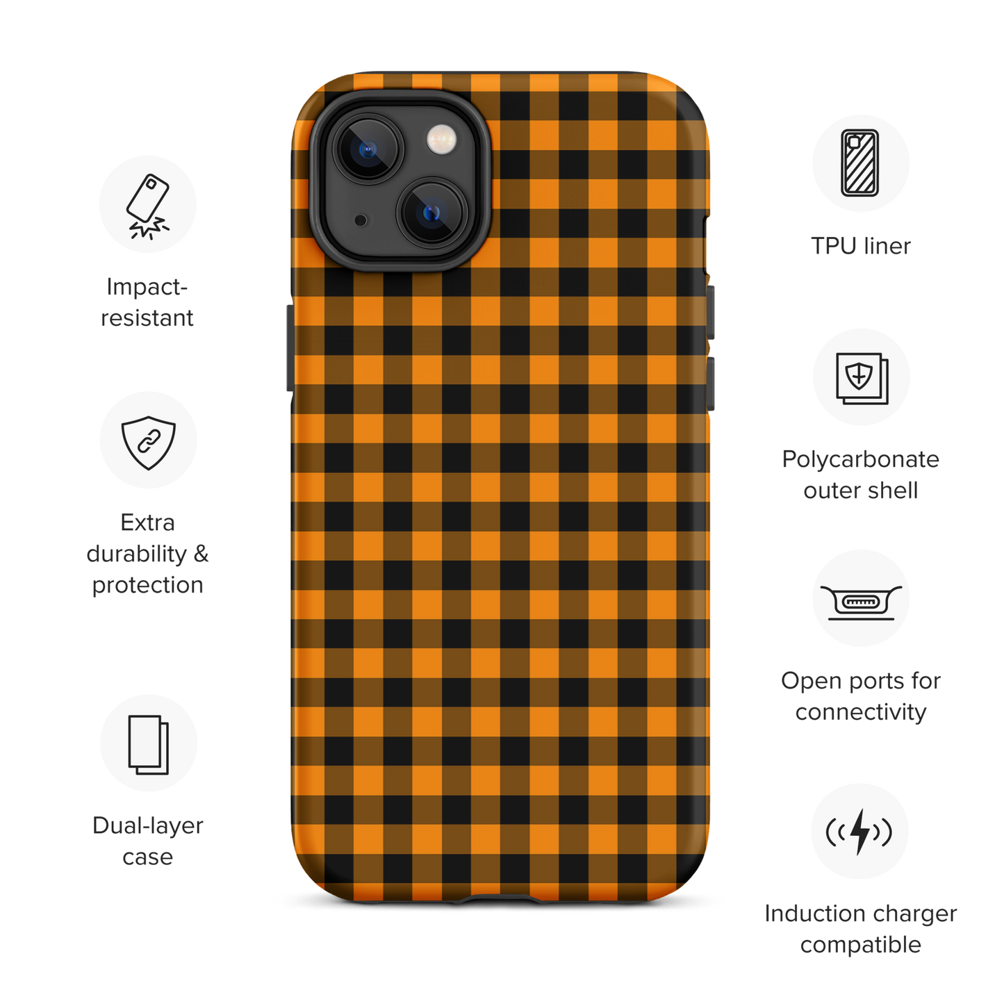 Black-and-orange gingham phone case for iPhone in autumn theme with protective durability and chic design features.