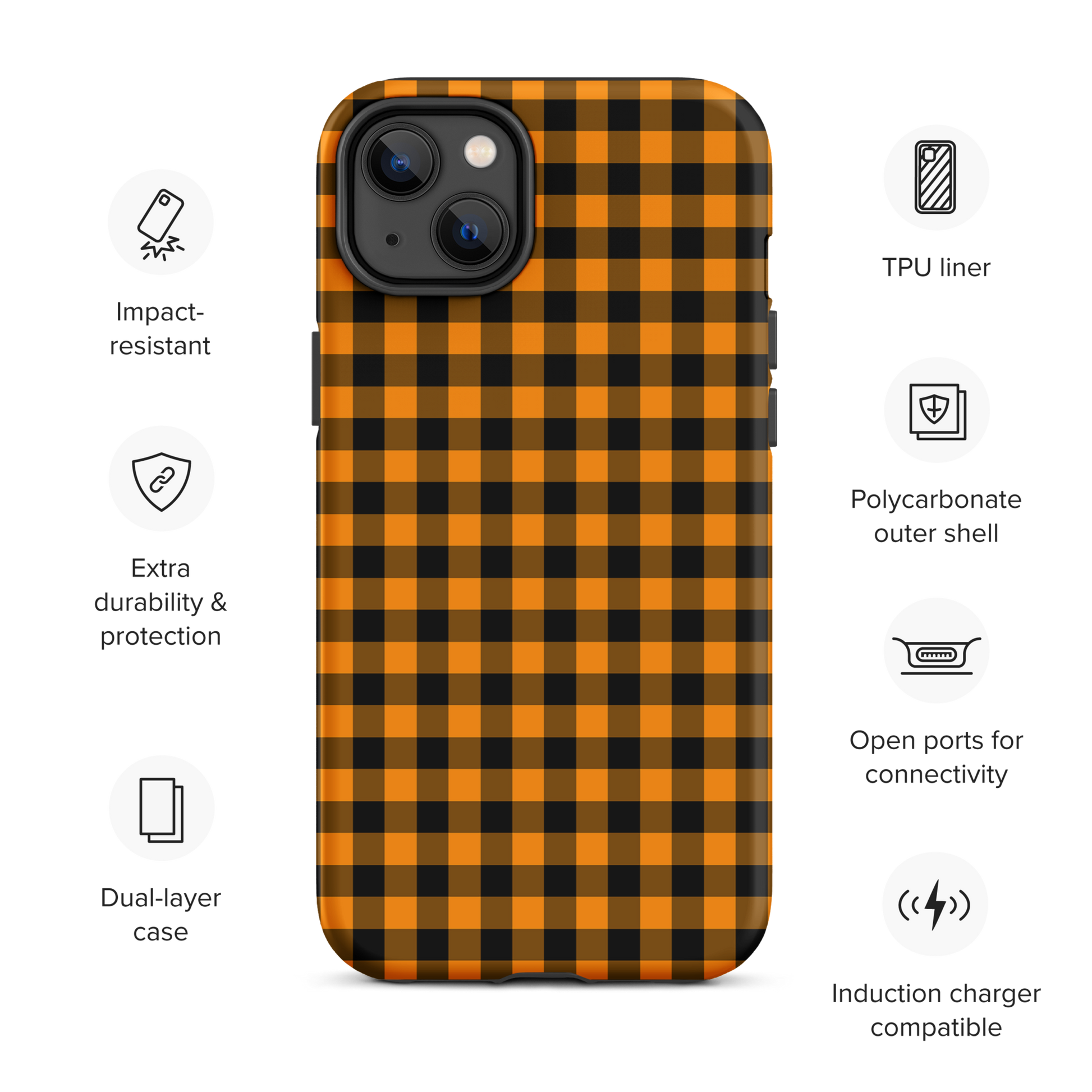 Black-and-orange gingham phone case for iPhone in autumn theme with protective durability and chic design features.