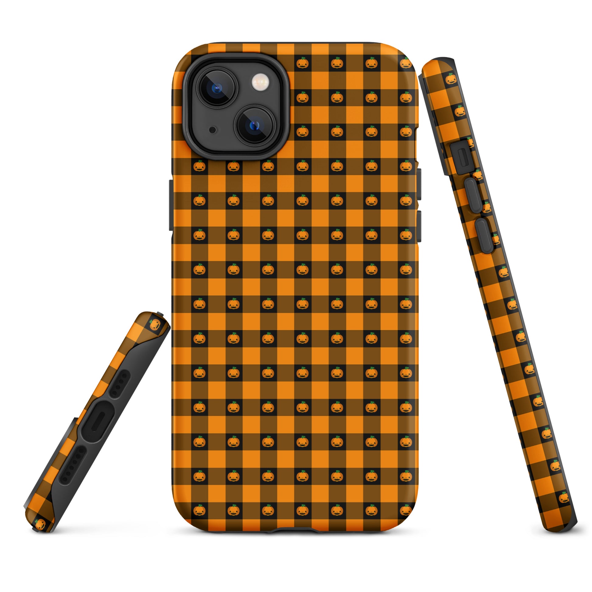 Phone Case for iPhone with playful pumpkin gingham Halloween design featuring jack-o'-lanterns in orange and black checker pattern.