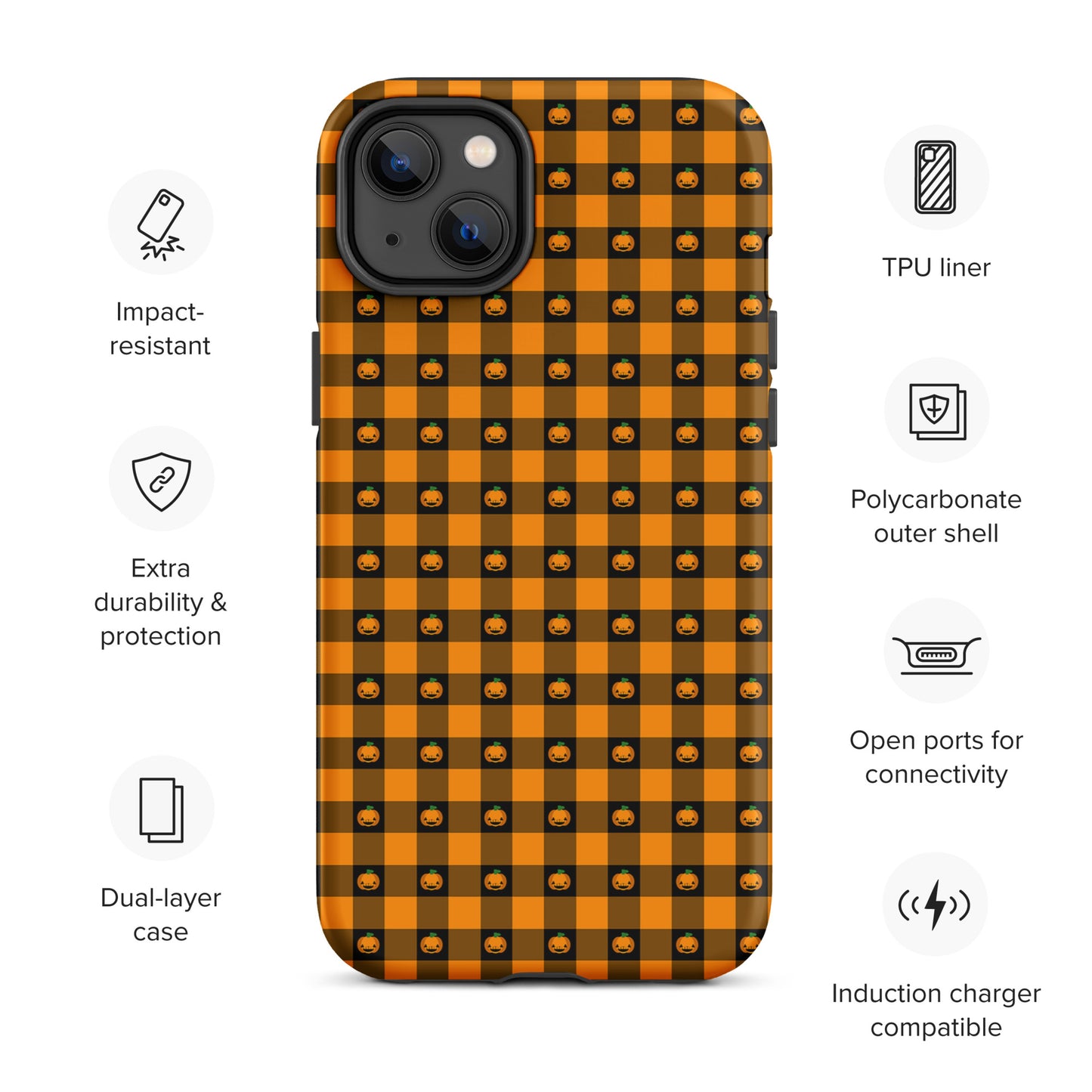 Phone Case for iPhone with playful pumpkin gingham Halloween design, showcasing impact-resistant, dual-layer protection features.