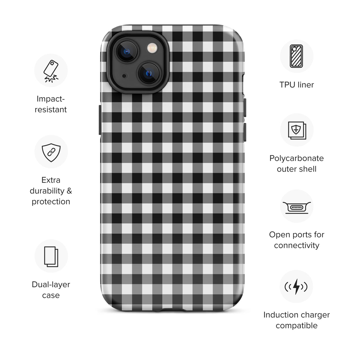 Phone Case with black-and-white gingham pattern offering protection, style, and dual-layer design for iPhone with TPU and polycarbonate layers.