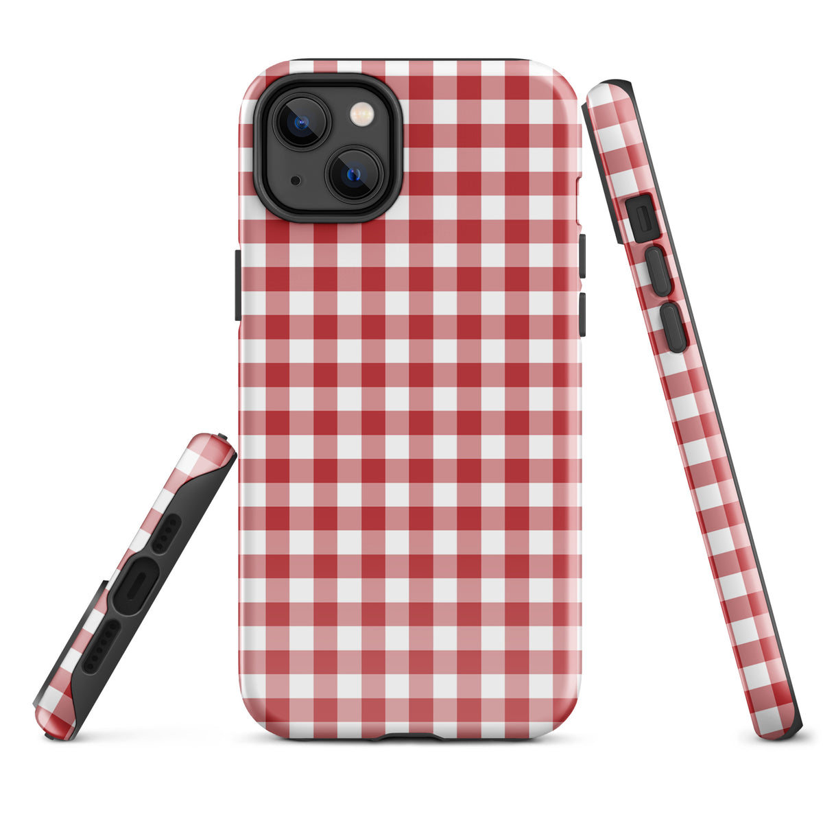 Phone Case for iPhone with red and white gingham pattern, stylish and protective accessory focusing on charming design and durability.