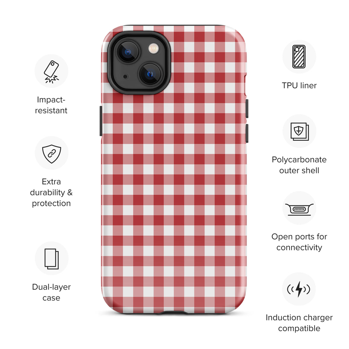Phone Case for iPhone with red-and-white gingham pattern, showing impact-resistant features and polycarbonate shell.