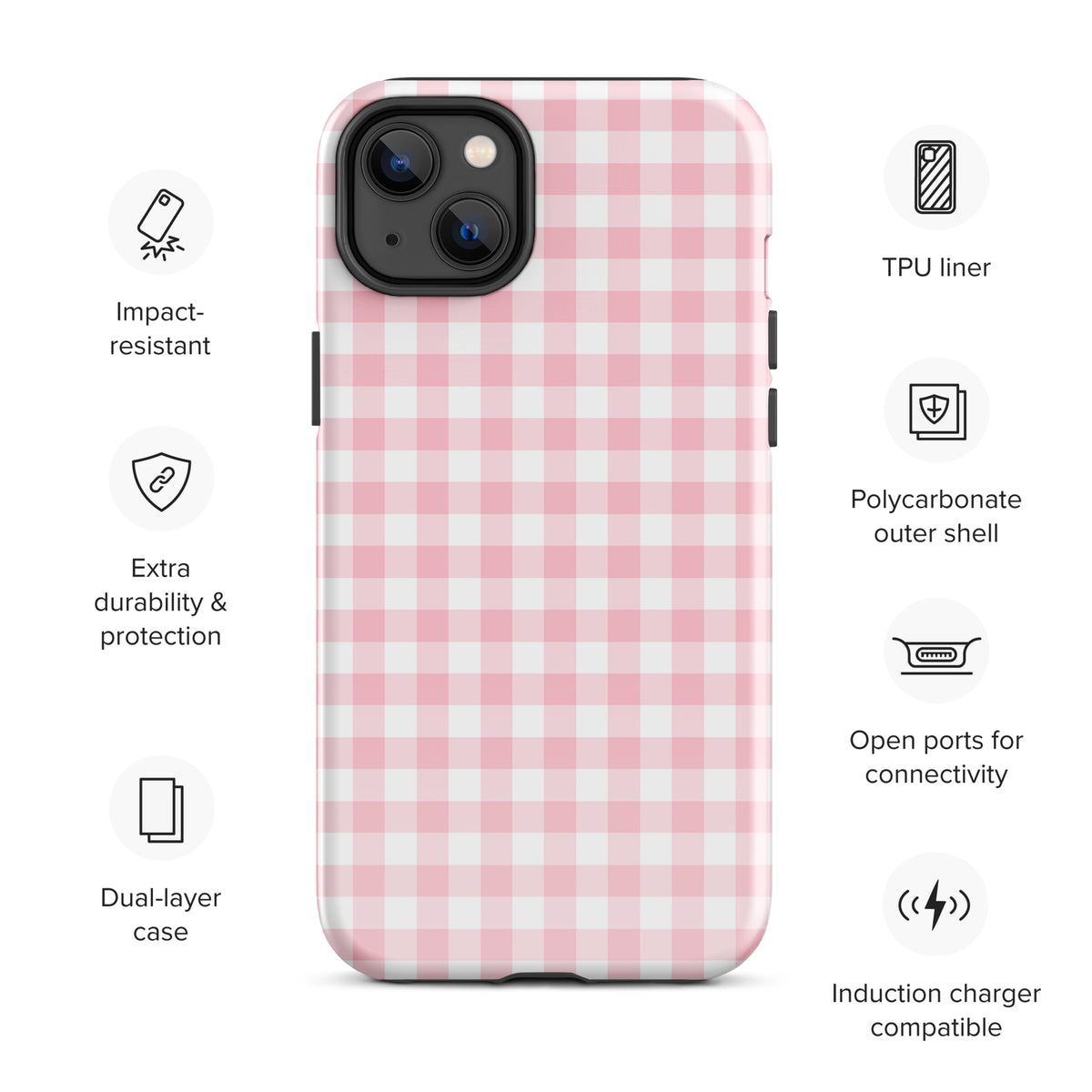 Phone Case with pink and white gingham pattern for iPhone, featuring impact-resistant, dual-layer protection and TPU liner.