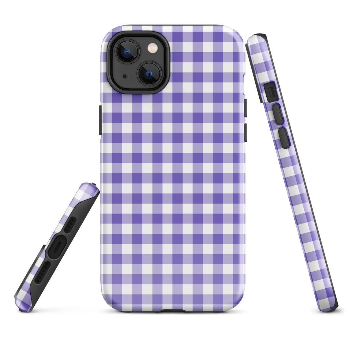 Phone Case with purple and white gingham pattern for iPhone, offering style and protection in a chic design.