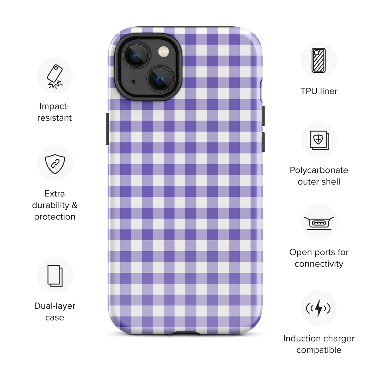 Phone Case for iPhone in purple and white gingham pattern, showcasing impact-resistant, dual-layer protection and charger compatibility.