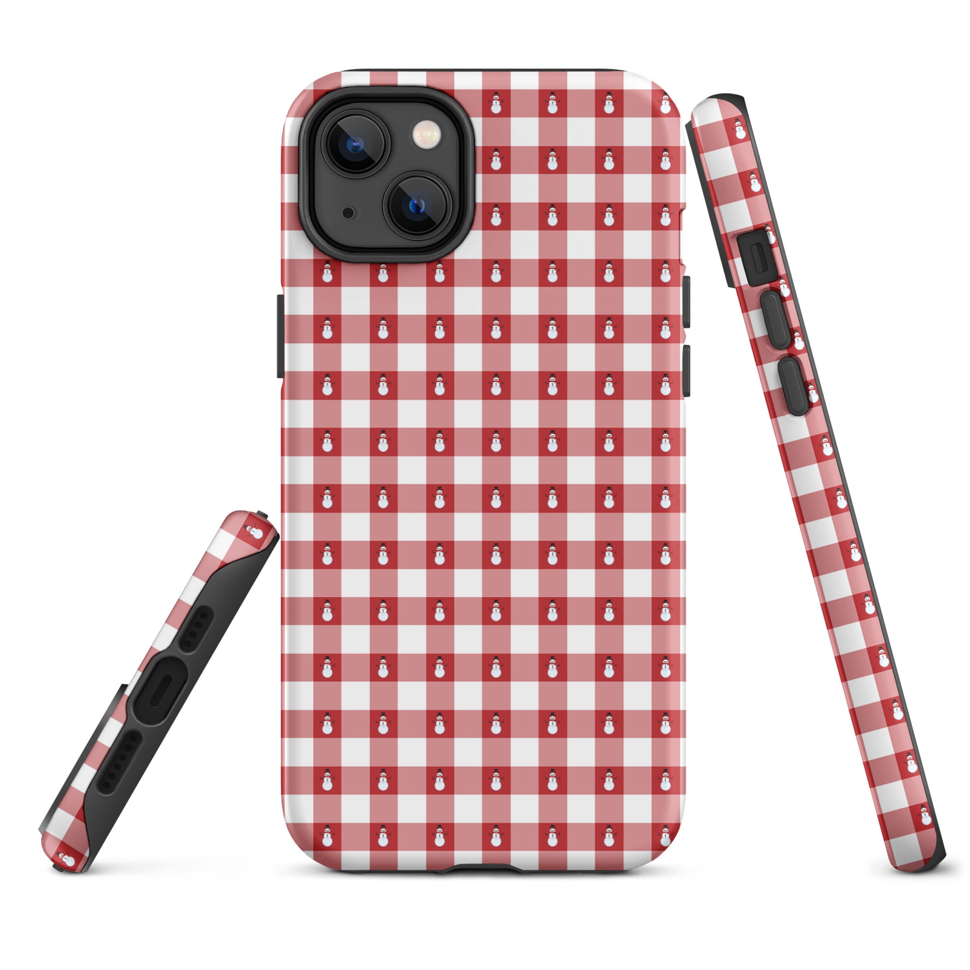Phone Case for iPhone with snowman gingham winter design, featuring red-and-white pattern, offering festive holiday protection.