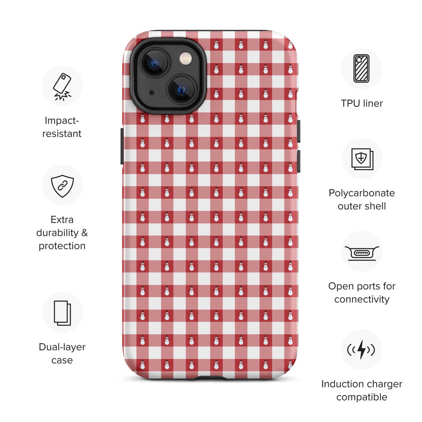 Phone Case for iPhone with red and white gingham pattern and snowman design, highlighting features like impact resistance and dual-layer protection.