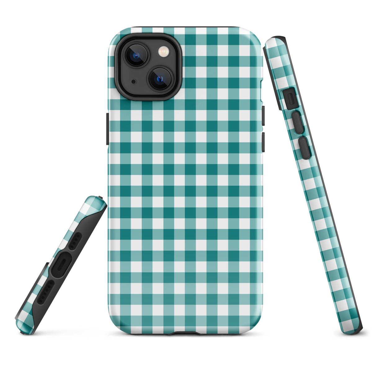 Phone Case - teal/white gingham pattern for iPhone, chic design with durable protection.