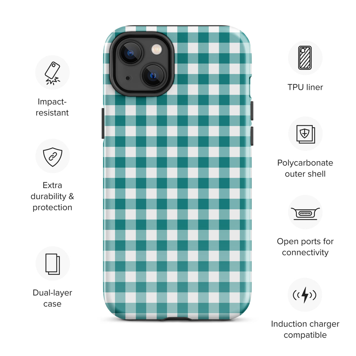 Phone Case with teal and white gingham pattern offering style and protection, featuring TPU liner and polycarbonate shell.