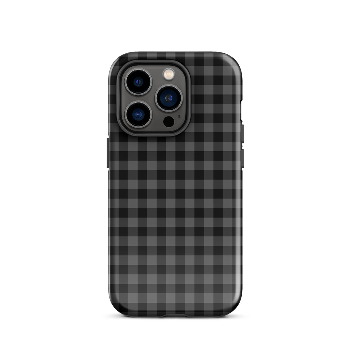 Phone Case with black and charcoal gingham pattern for iPhone, combines style and protection in a modern design.