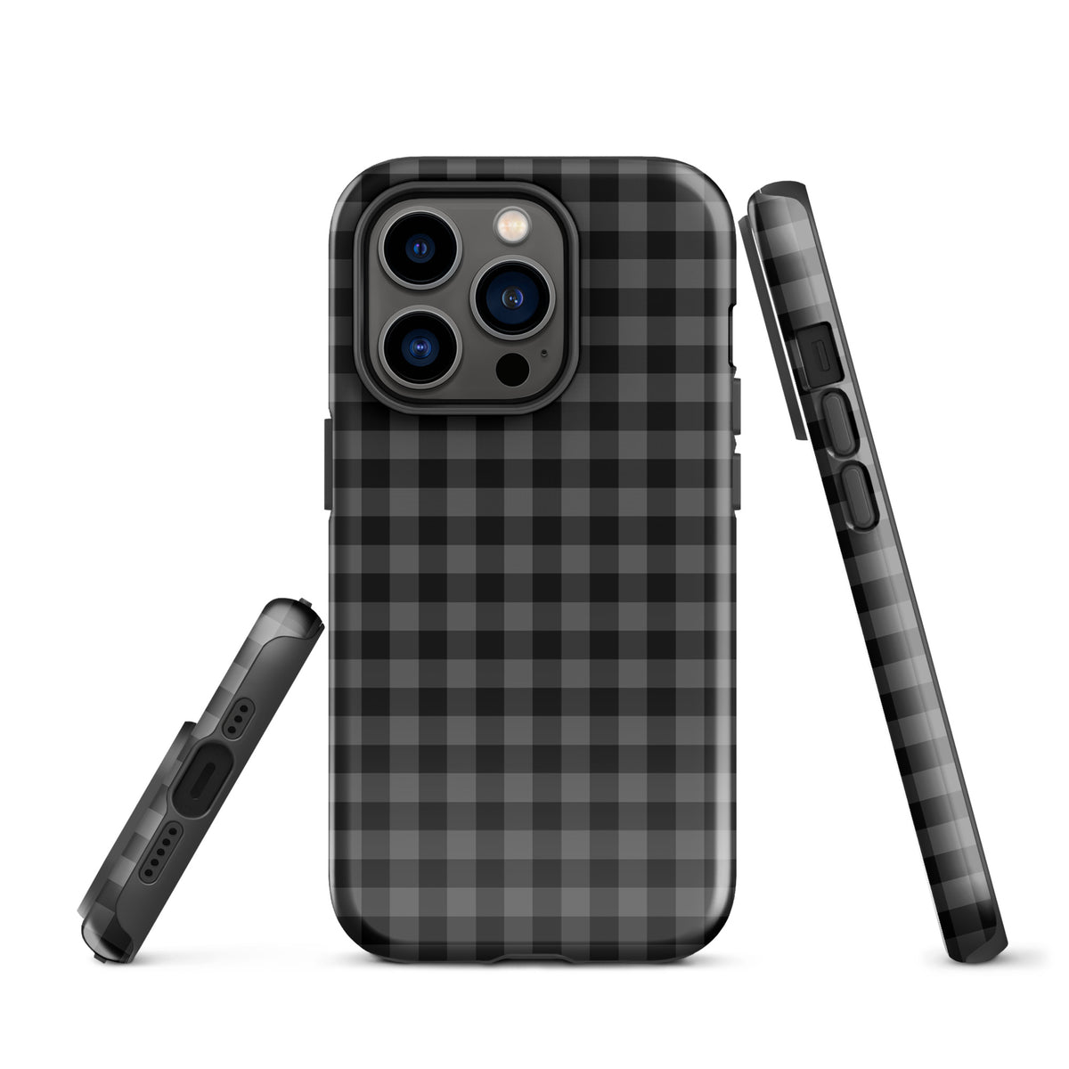 Phone Case with modern black and charcoal gingham pattern for iPhone, offering stylish design and protection.