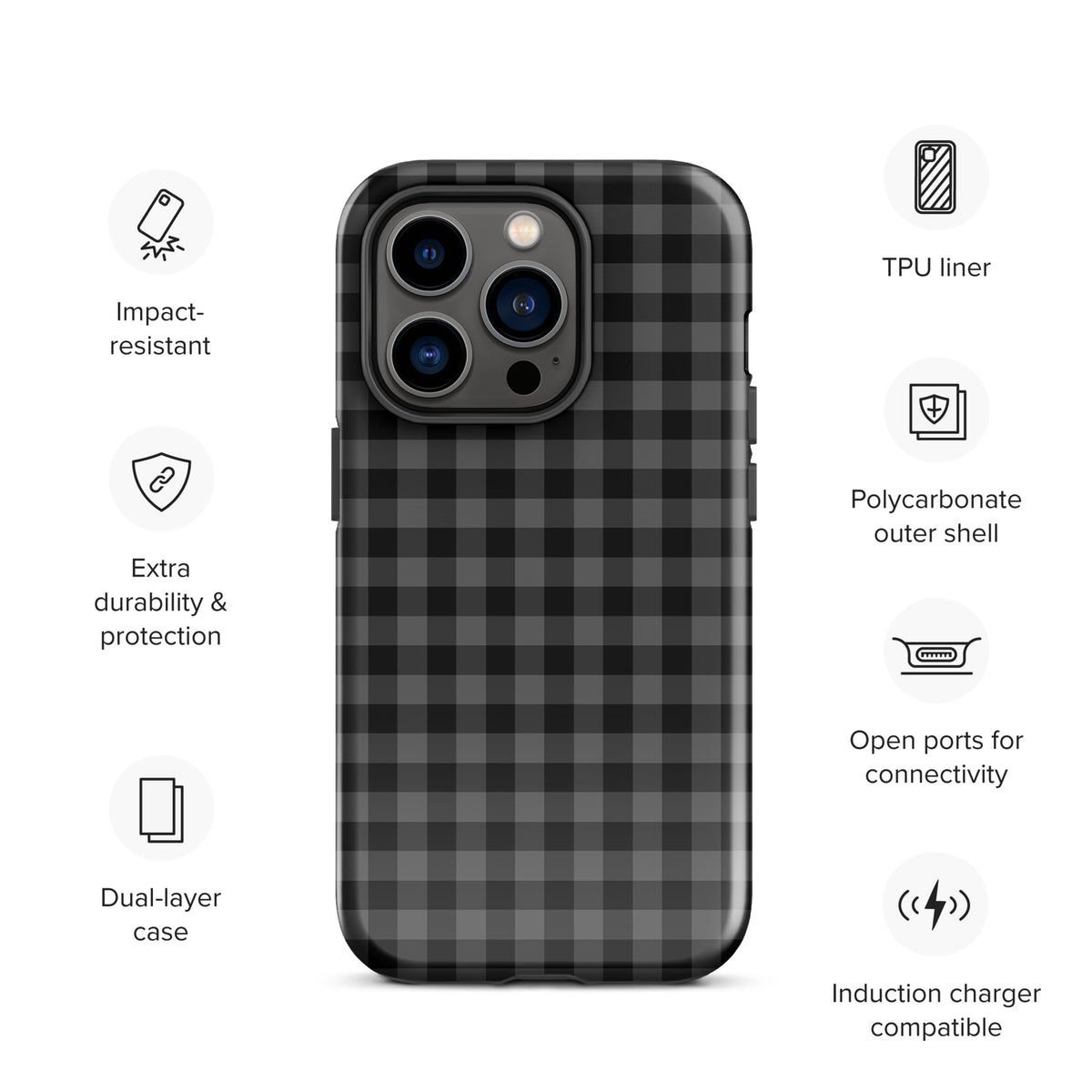 Phone Case with black-and-charcoal gingham pattern for iPhone, featuring impact resistance, polycarbonate shell, and dual-layer protection.