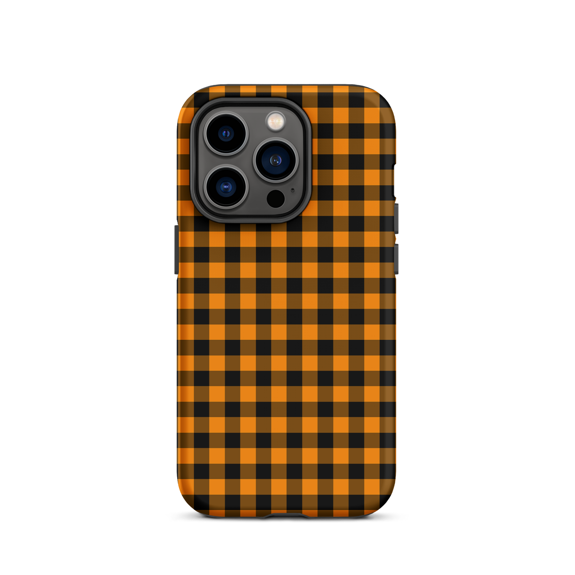 Black-and-orange gingham phone case for iPhone with Autumn theme, combining stylish design and durable craftsmanship.