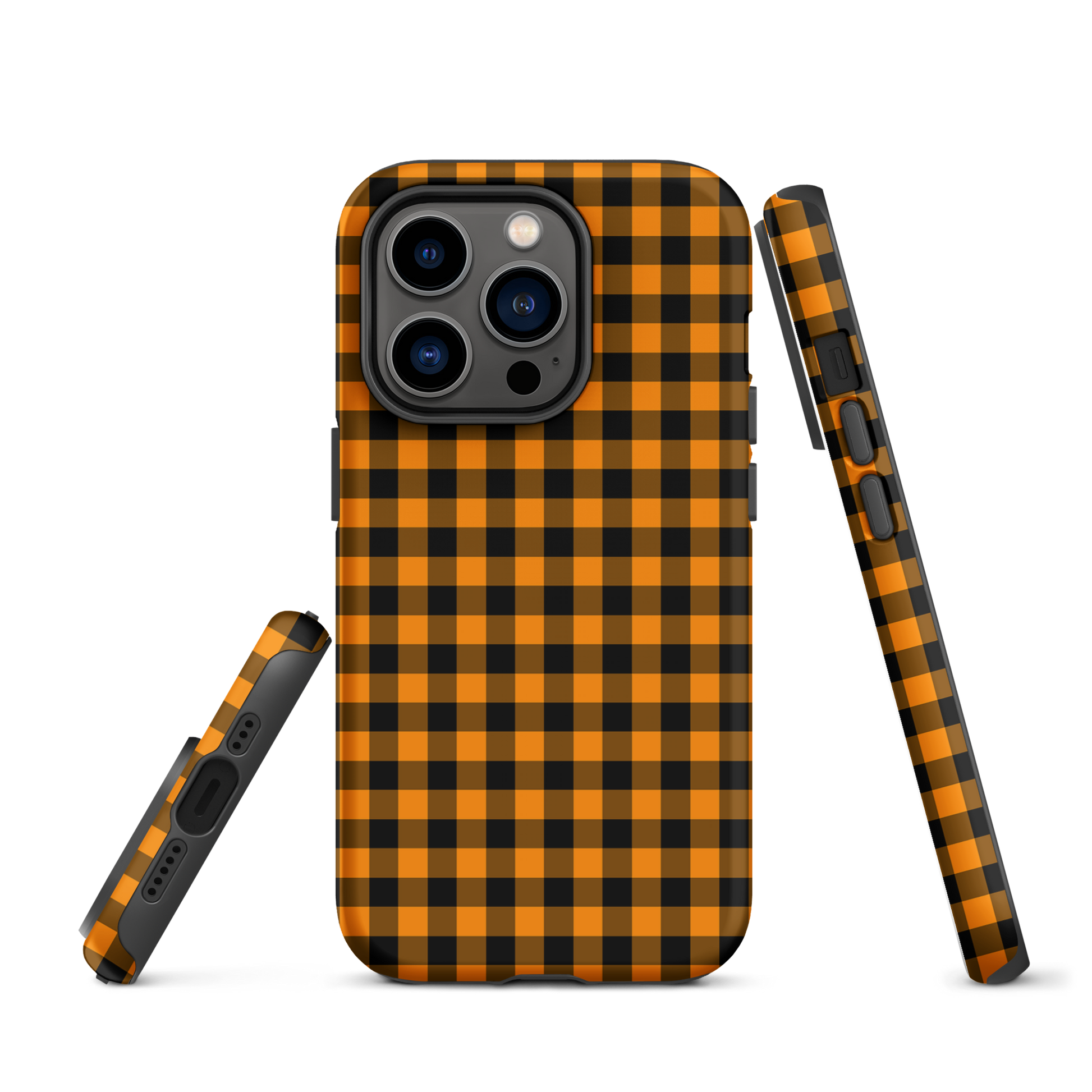 Black-and-orange gingham phone case for iPhone with autumn theme pattern, chic design.