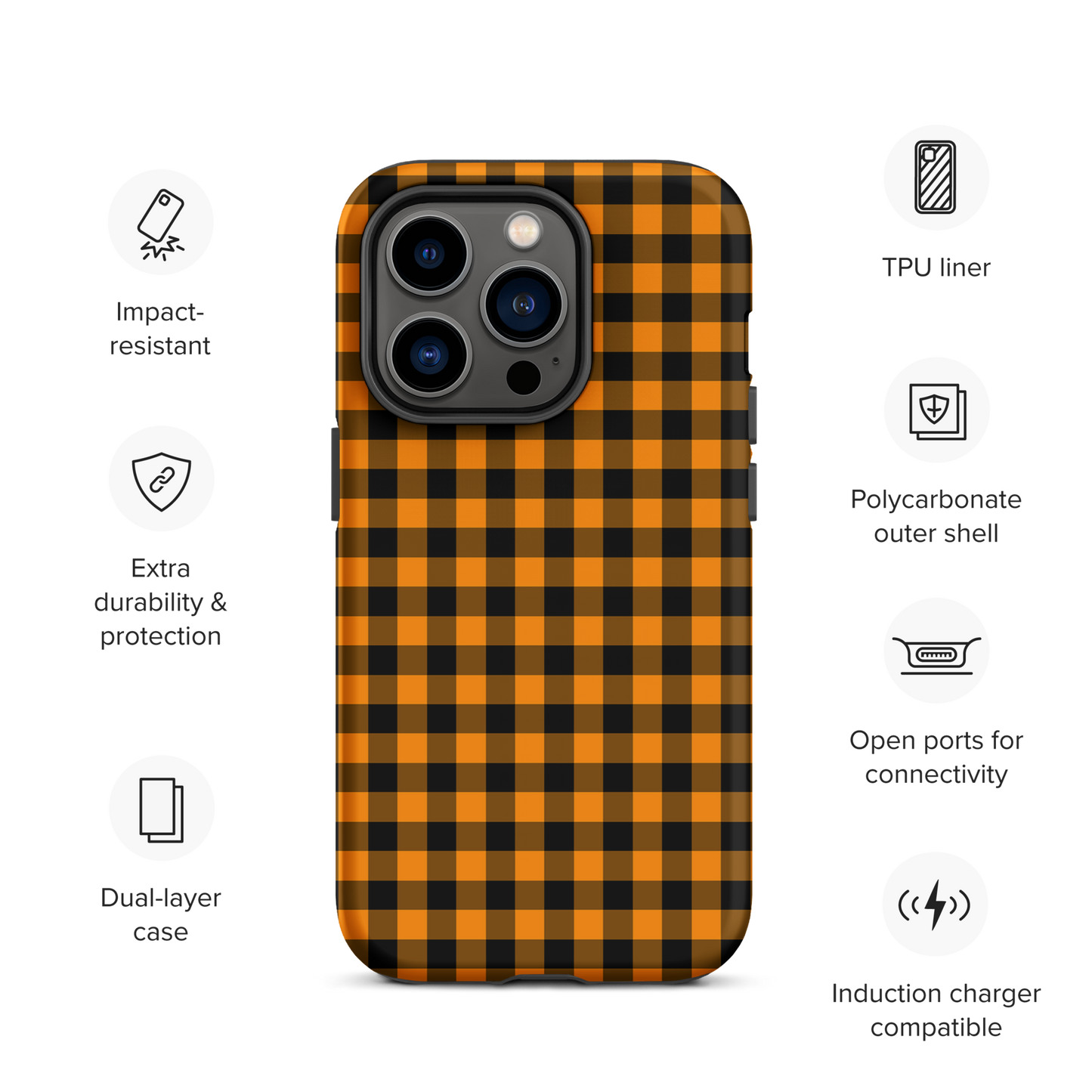 Black-and-orange gingham phone case for iPhone with autumn theme, featuring upscale craftsmanship and playful charm.