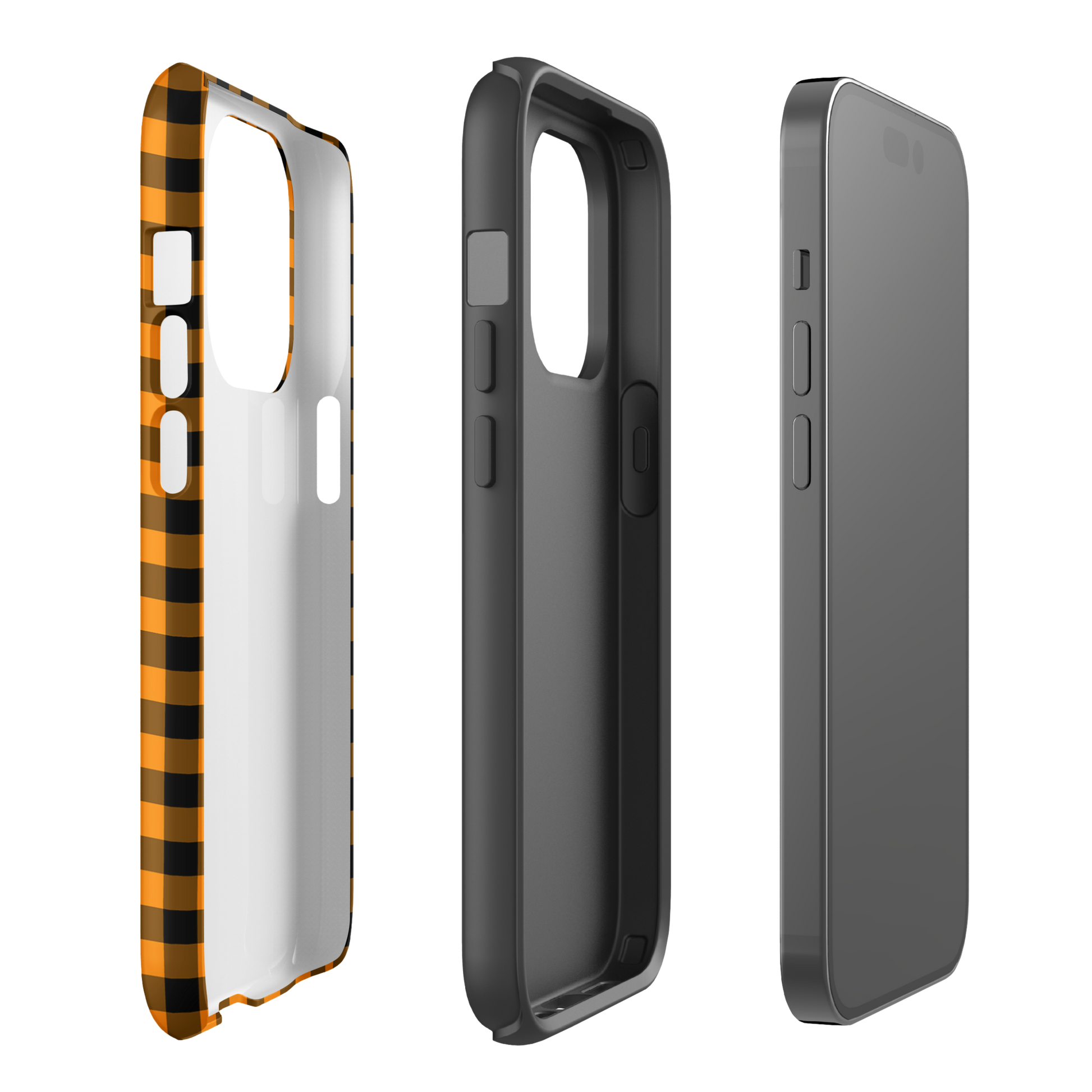 Black-and-orange gingham phone case for iPhone with autumn theme, showcasing durable and stylish design.